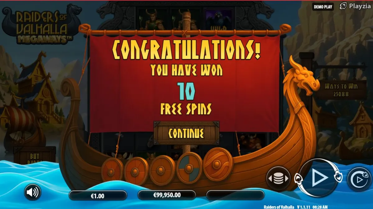 Tampilan visual slot Raiders of Valhalla Megaways dengan tema Viking dan petir