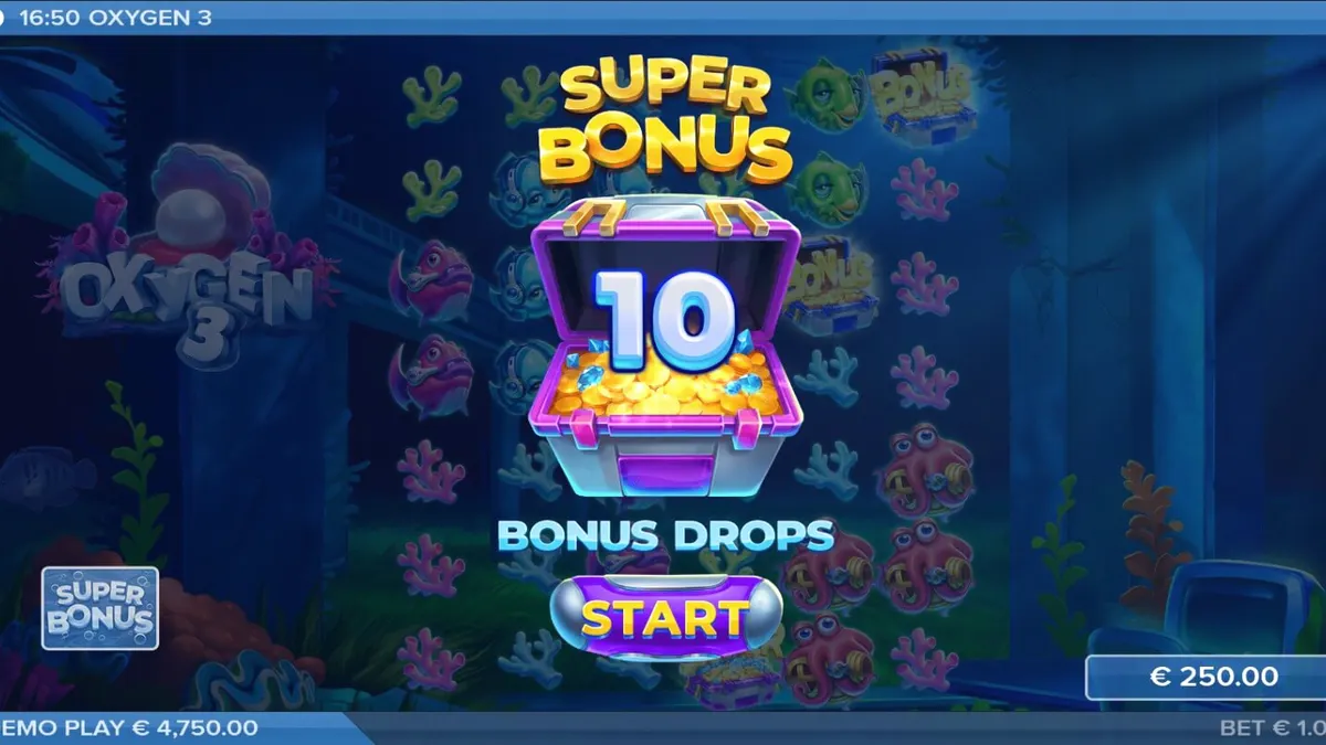 Tampilan visual slot Oxygen 3 dengan latar belakang reruntuhan kota bawah laut yang futuristik.