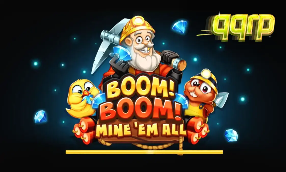 Tampilan visual slot Boom! Boom! Mine ‘Em All dengan tema tambang yang eksplosif.